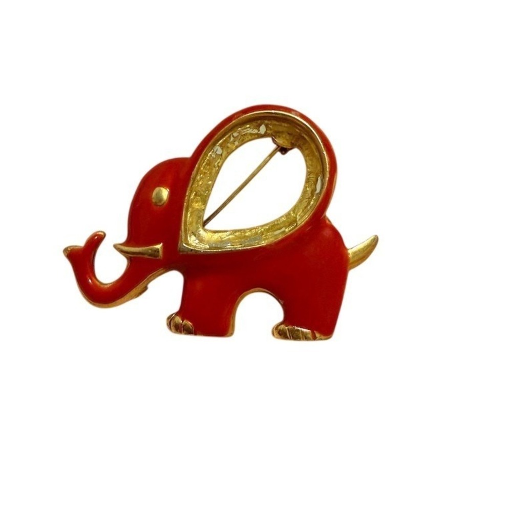 Trifari Brooch Pin Vintage Red Enamel Elephant Trunk Up Good Luck 2 in
